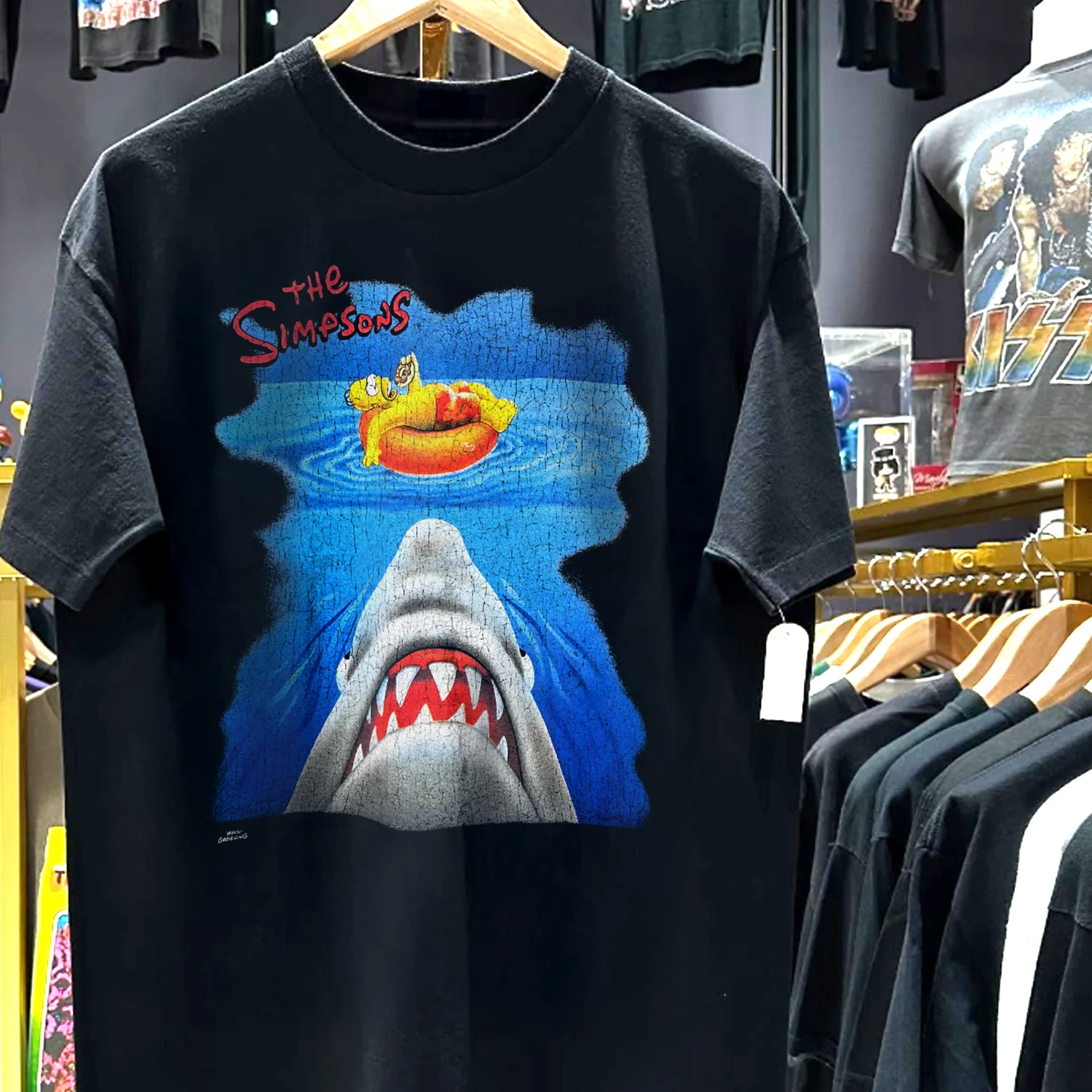 1999 Simpsons Jaws Parody Rare Washed Black T-Shirt - Image 2
