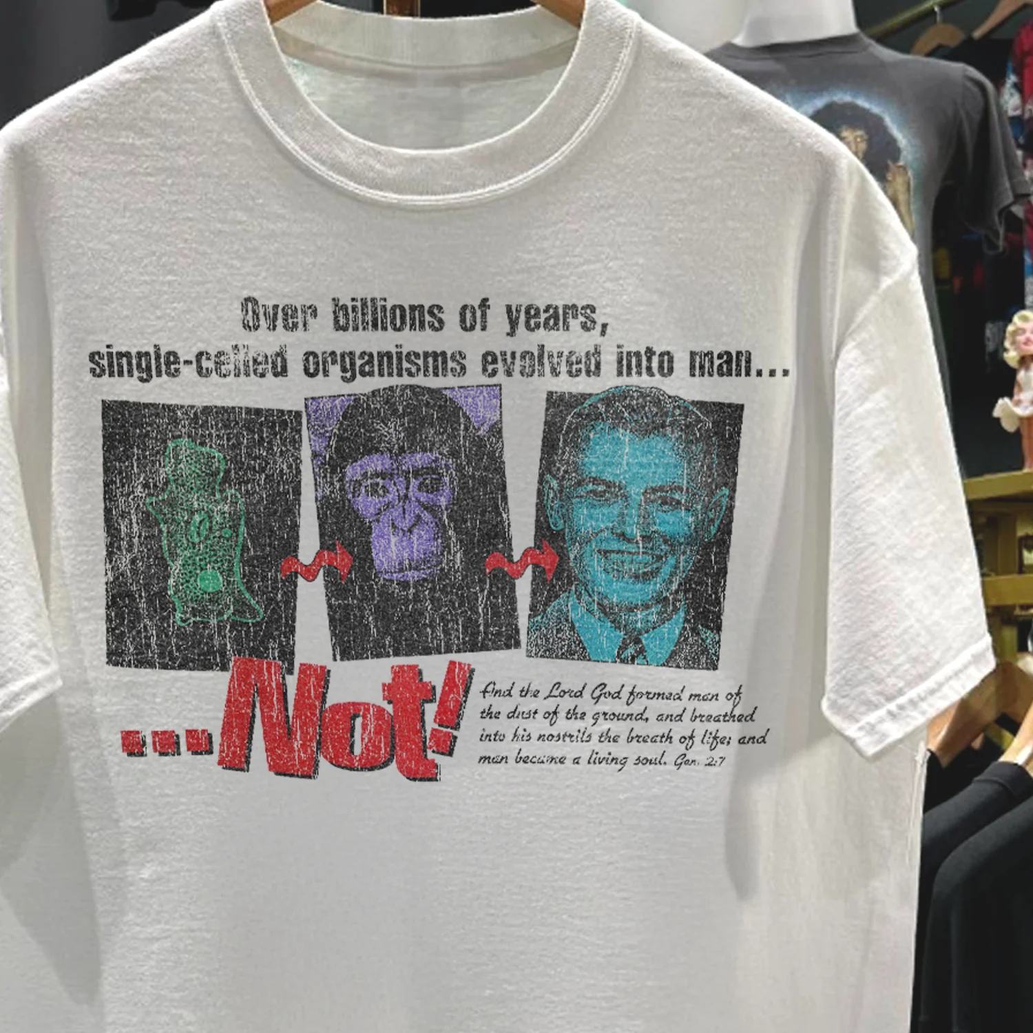 90s "Big Bang? Not!" Rare Washed White Anti-Evolution T-Shirt - Image 3