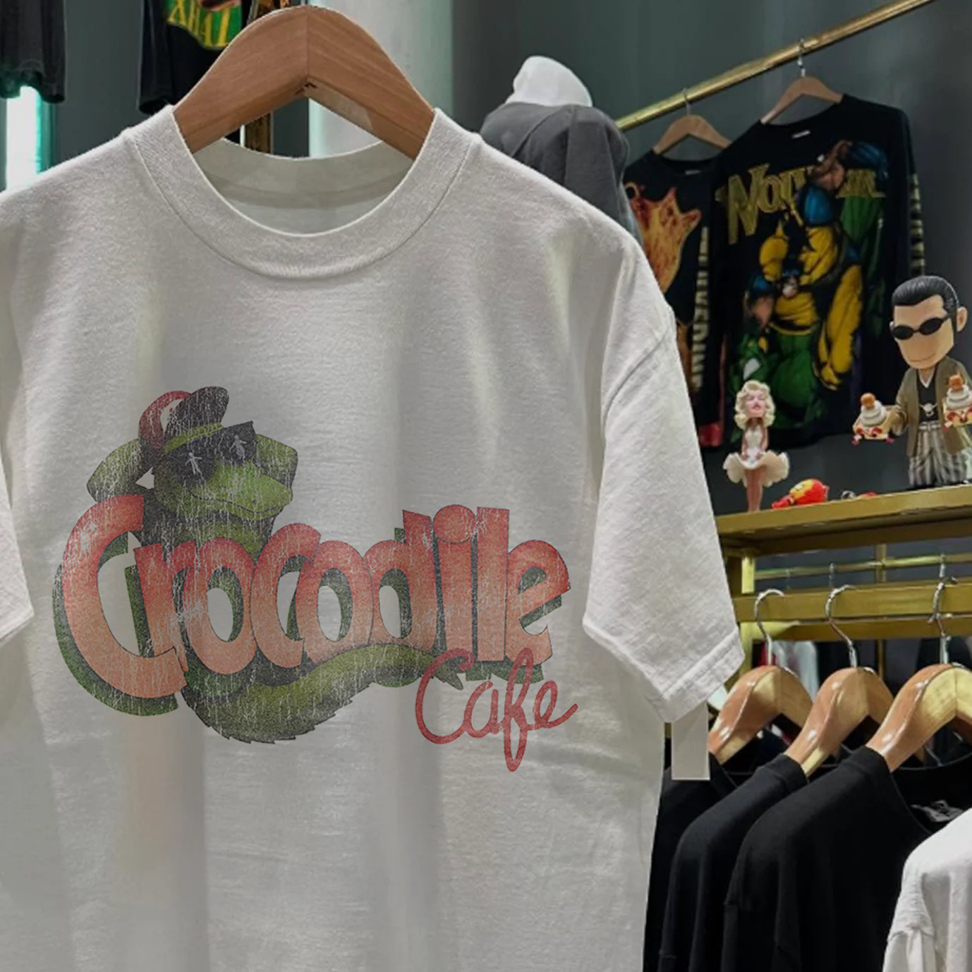 90S Crocodile Cafe Rare Washed White T-Shirt - Image 2