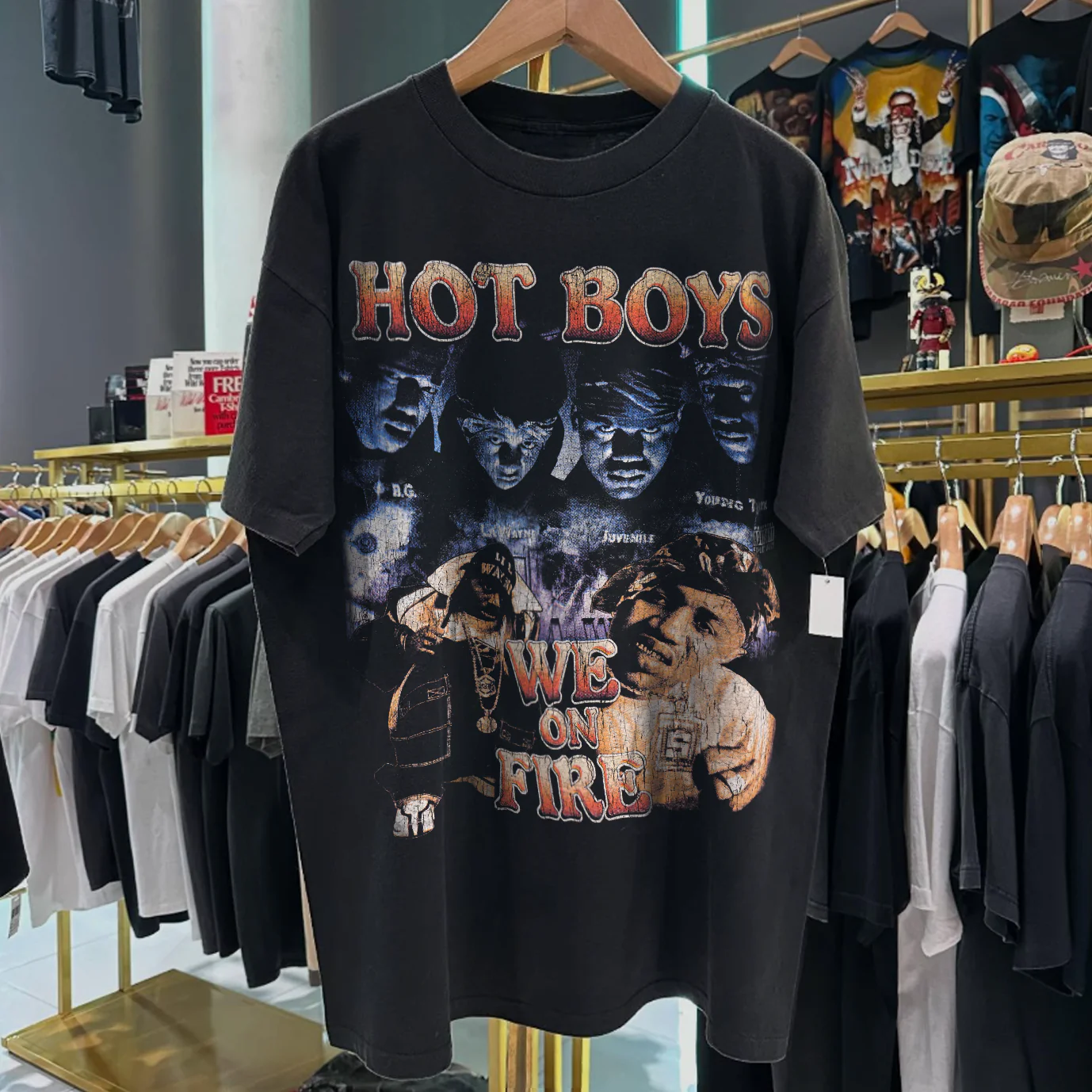 90s Hotboys 'We On Fire' Rare Washed Black Rap Tee - Image 3