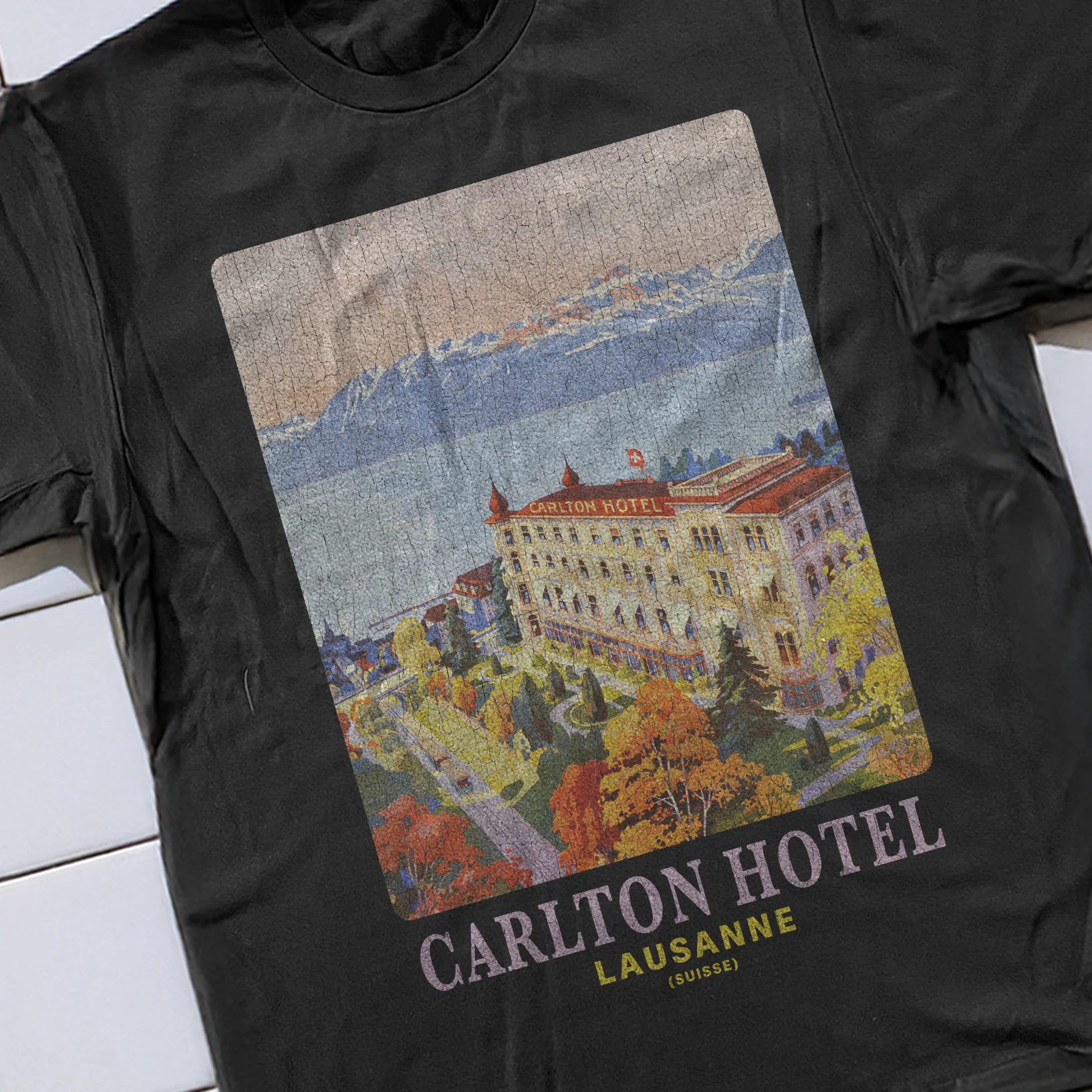 90s Lausanne 'Carlton Hotel' Rare Washed Black T-Shirt - Image 2