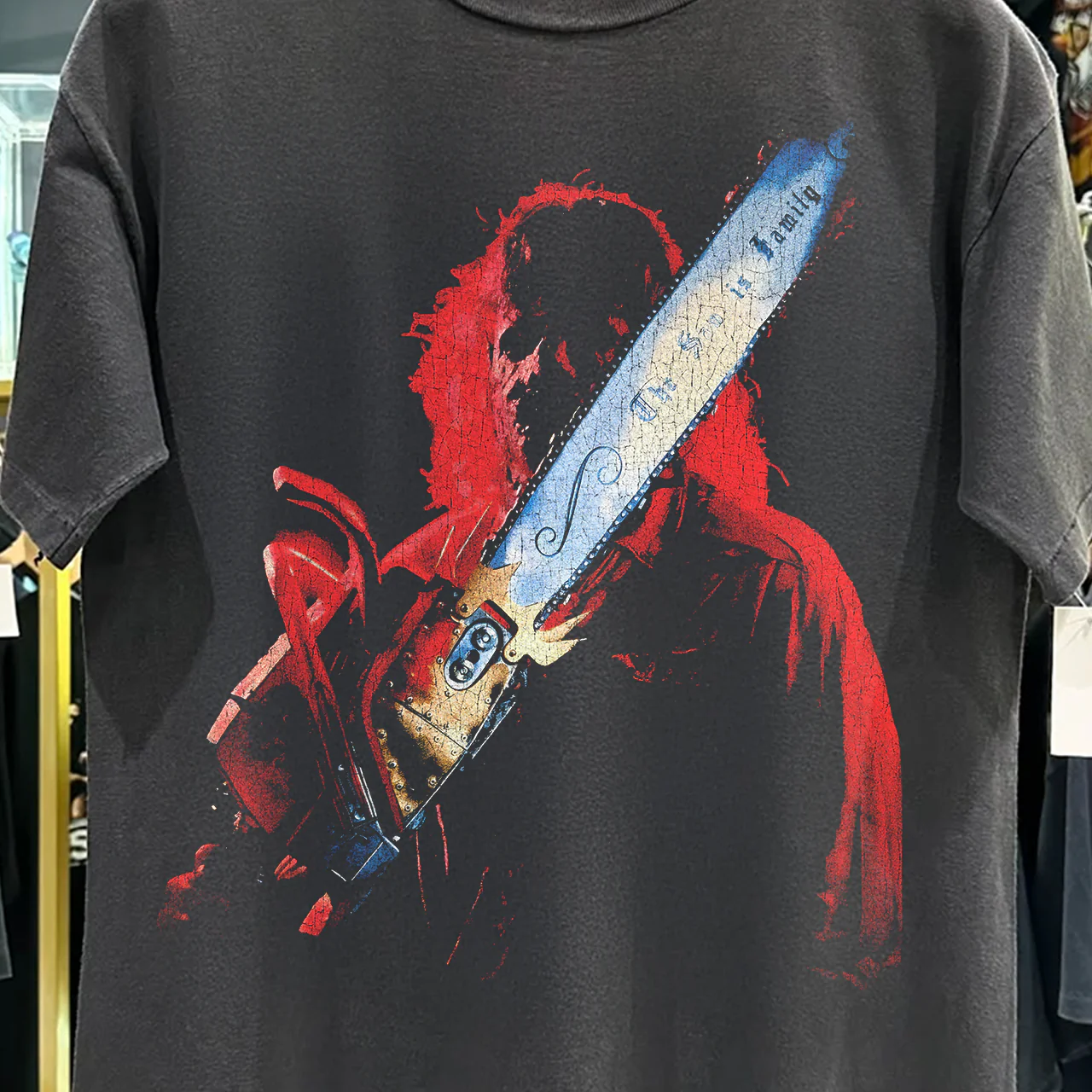 90S Leatherface 'The Saw Is Family' Tcsm Rare Washed Black T-Shirt - Image 2
