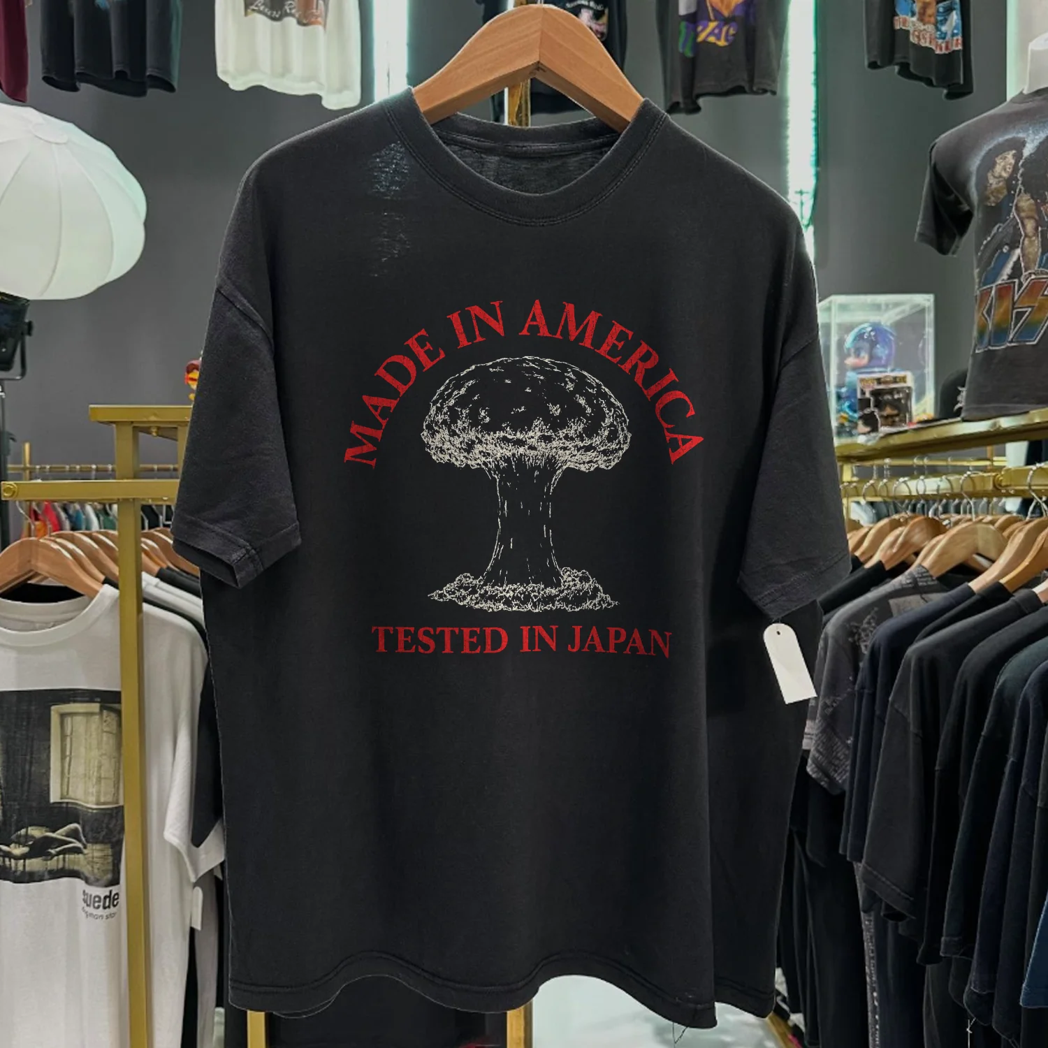 90s Made In America 'Tested In Japan' Rare Washed Black T-Shirt - Image 2