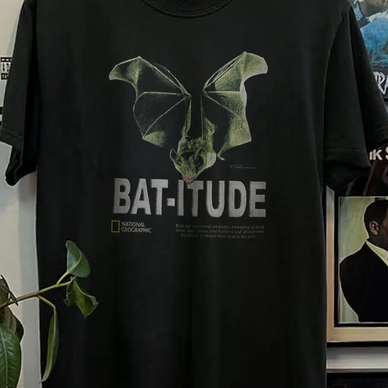 90s National Geographic Bat-itude Washed Black Tee - Image 2