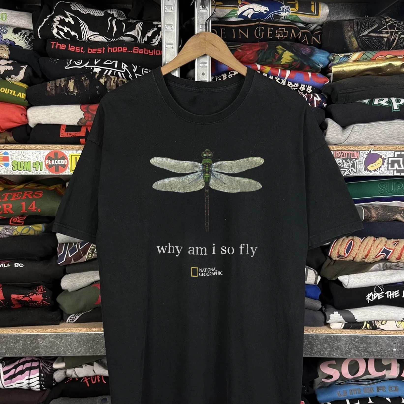 90s National Geographic Why Am I So Fly Washed Black Tee - Image 2
