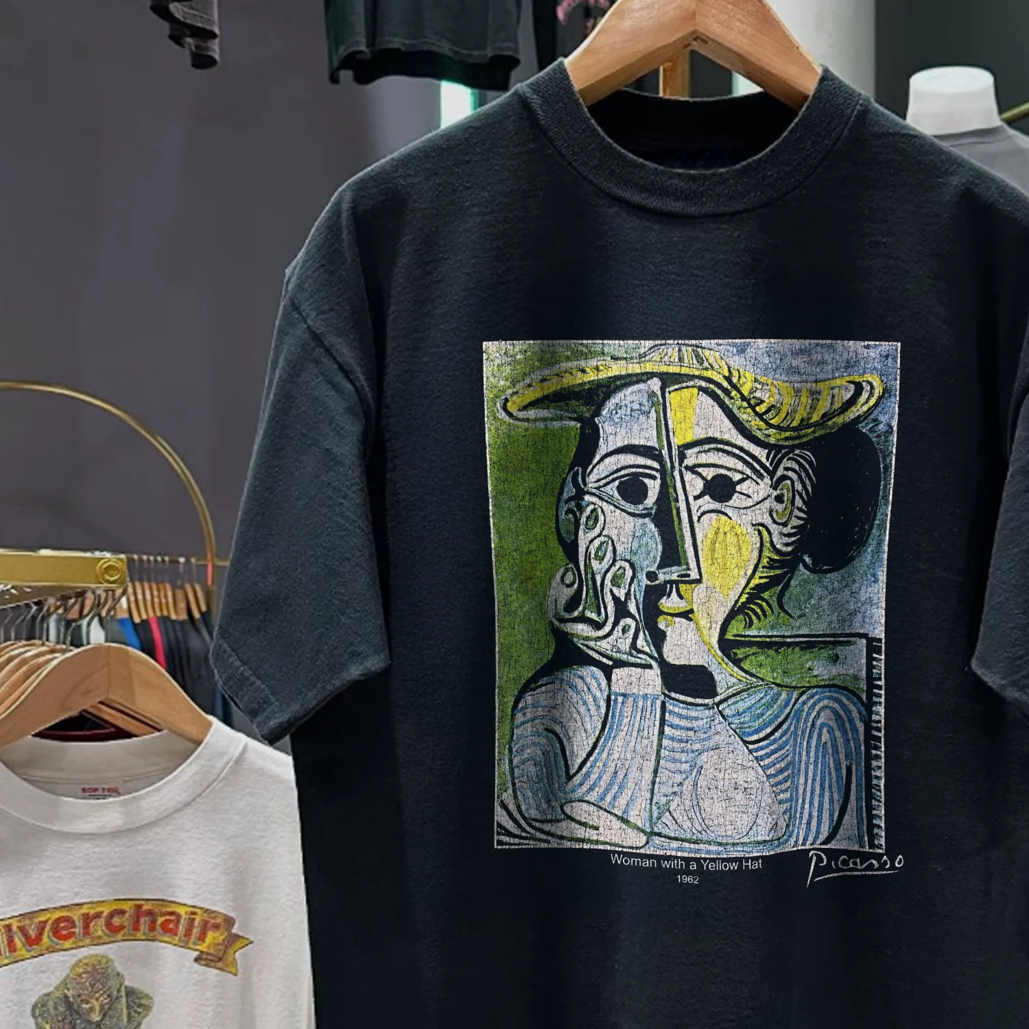 90S Picasso 'Woman With A Yellow Hat' Rare Washed Black T-Shirt - Image 2