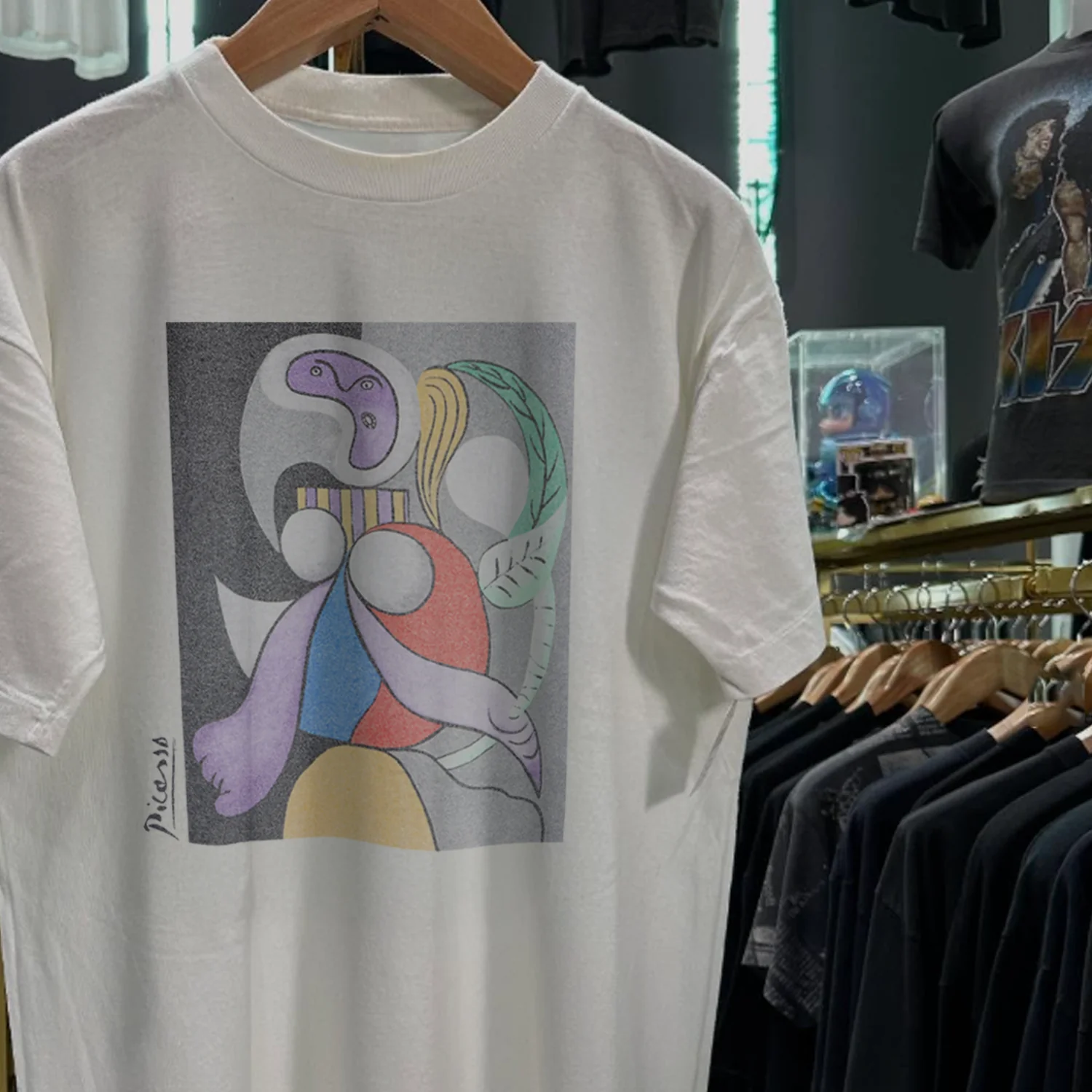 90s Picasso 'Woman With Flowers' Rare Washed White T-Shirt - Image 2