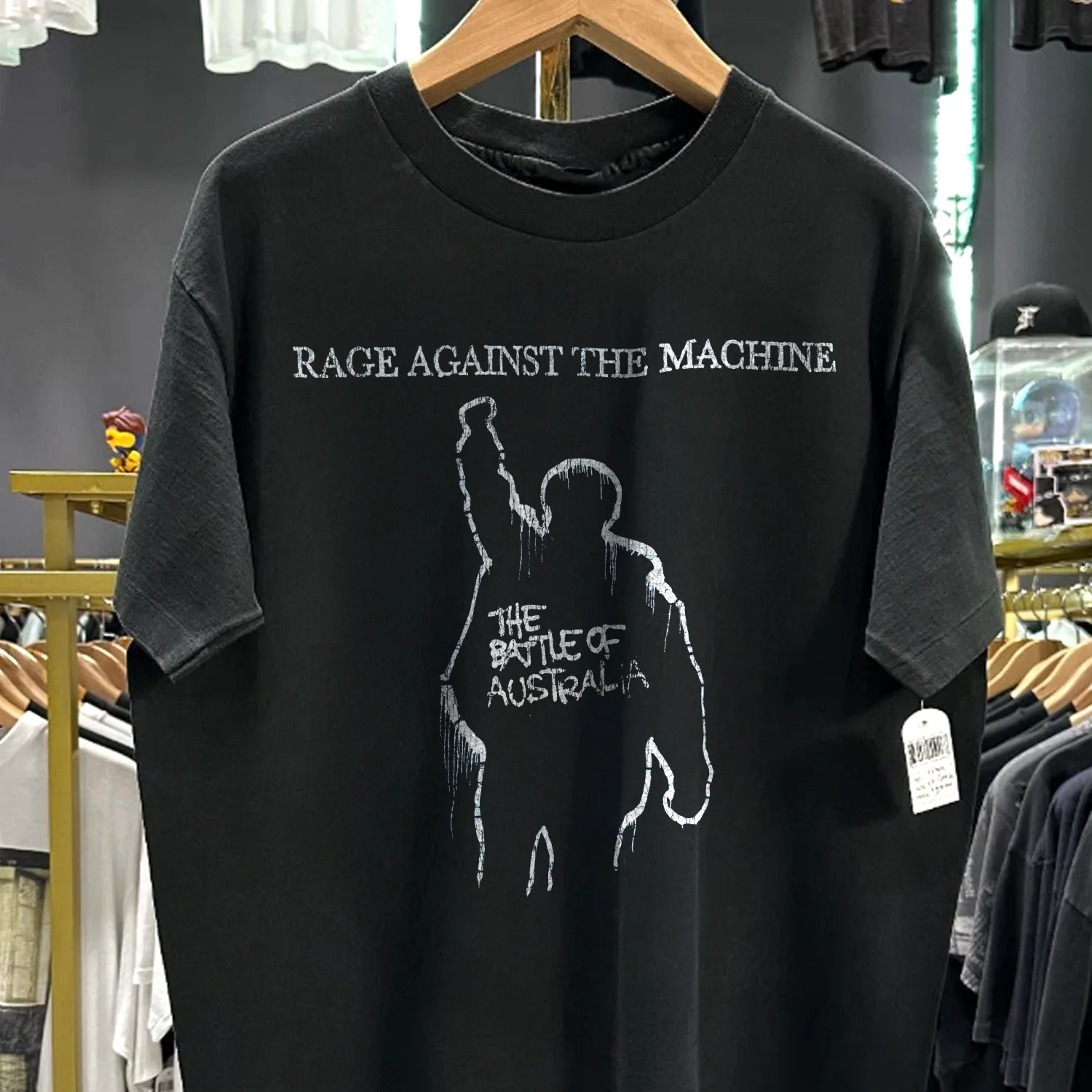 90s Ratm 'The Battle Of Australia' Rare Washed Black T-Shirt - Image 2