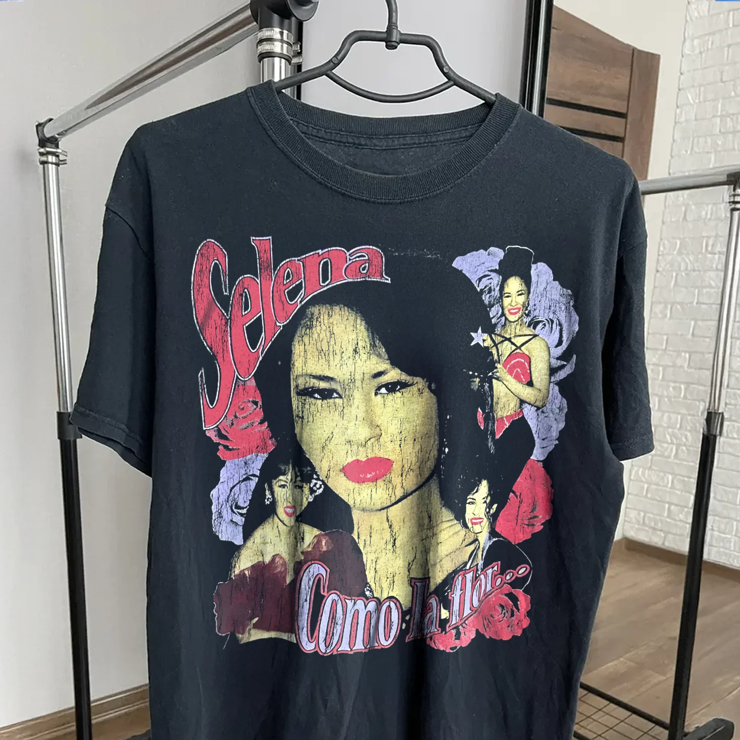 90s Selena Quintanilla Como La Flor Rare Washed Black T-Shirt - Image 3
