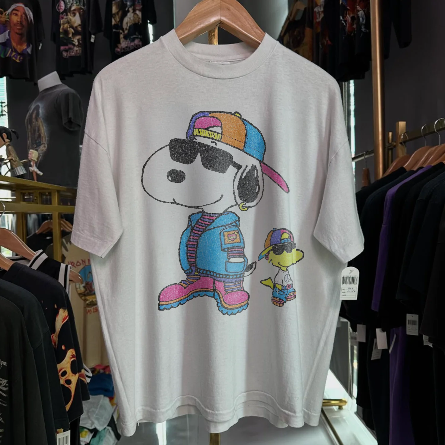 90s Snoopy & Woodstock Hip-Hop Rare Washed White T-Shirt - Image 2