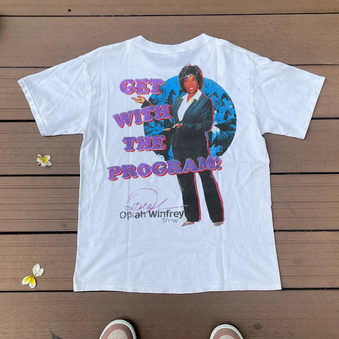 Get With The Program! 90's Oprah Vintage Washed White T-Shirt - Image 2