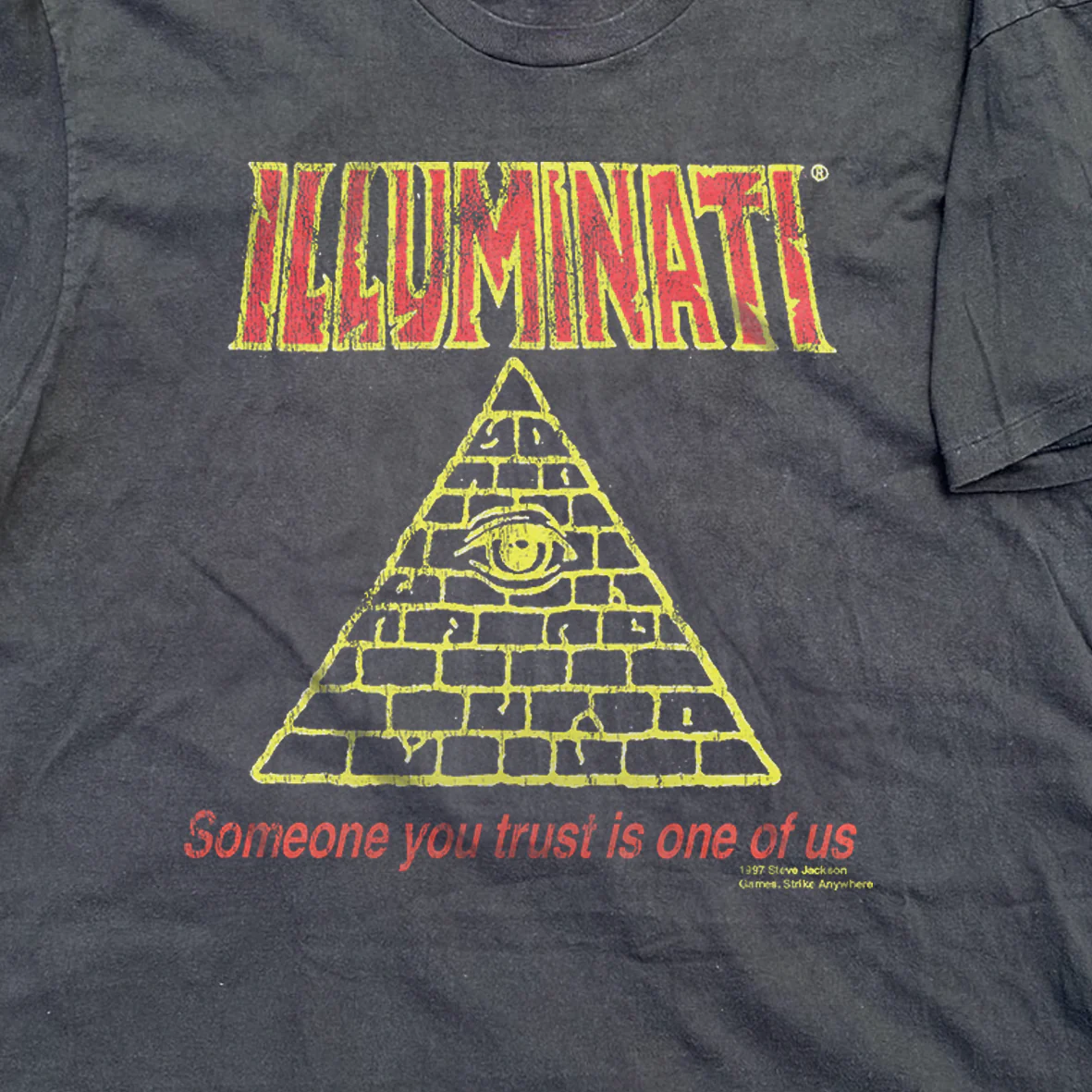 Illuminati 1997 Steve Jackson Games Rare Vintage Washed Black T-Shirt - Image 2