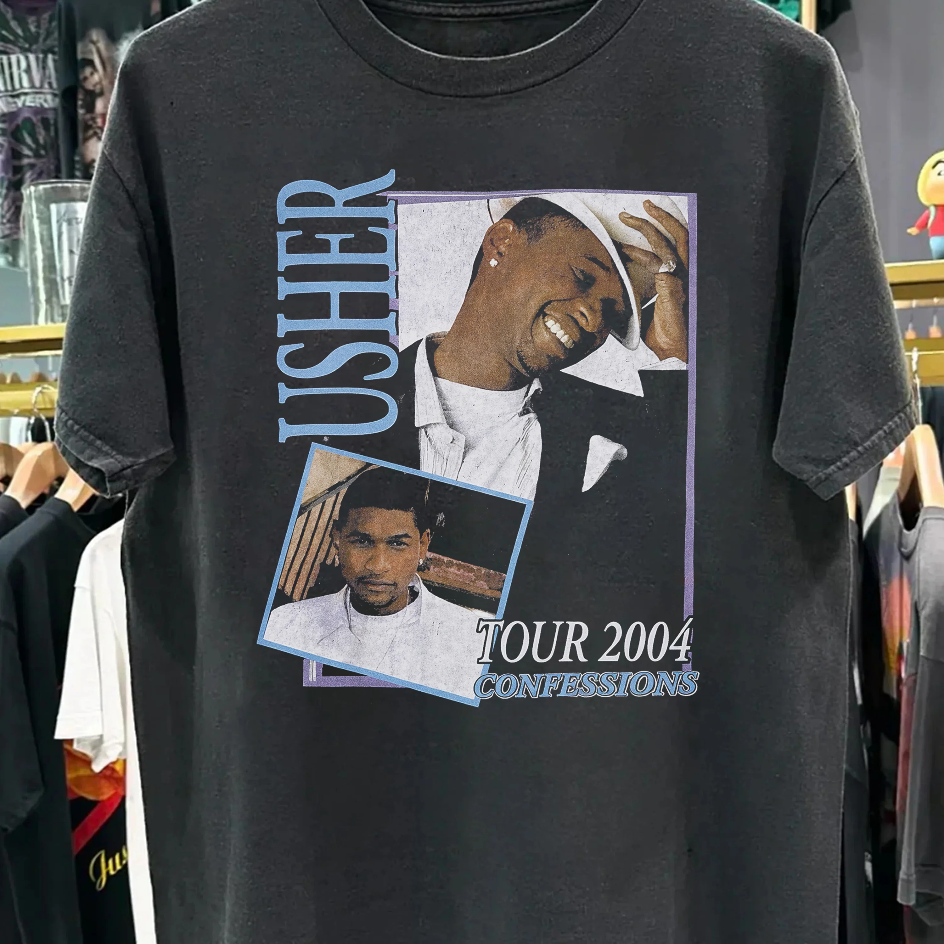 Rare 2004 Usher Confessions Tour Washed Black Tee - Image 2