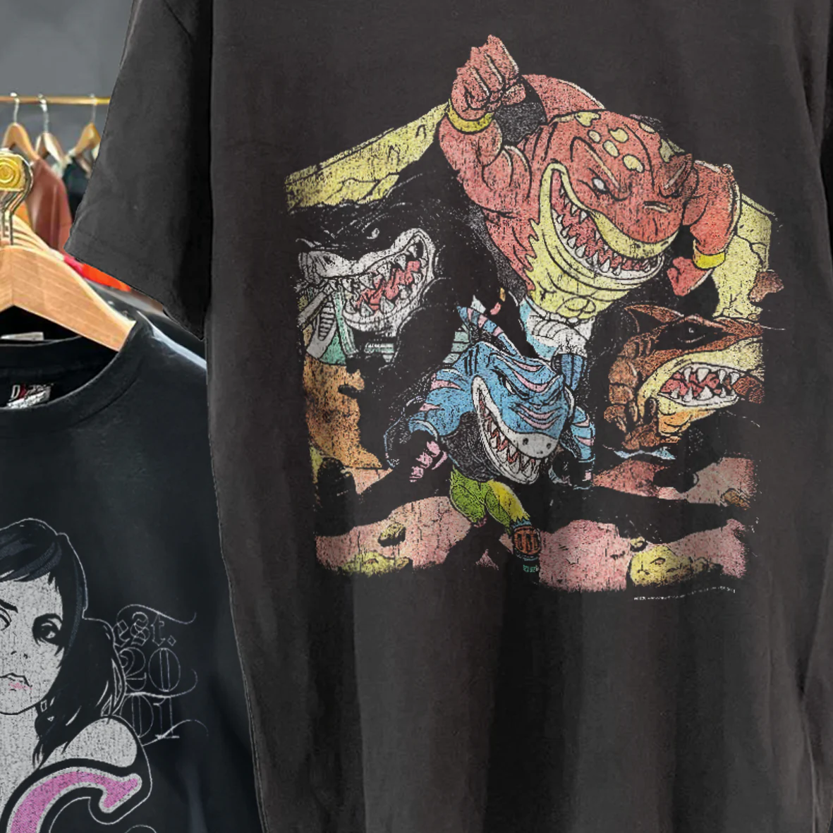 Street Sharks 1995 Grail Black Vintage Washed T-Shirt - Image 2
