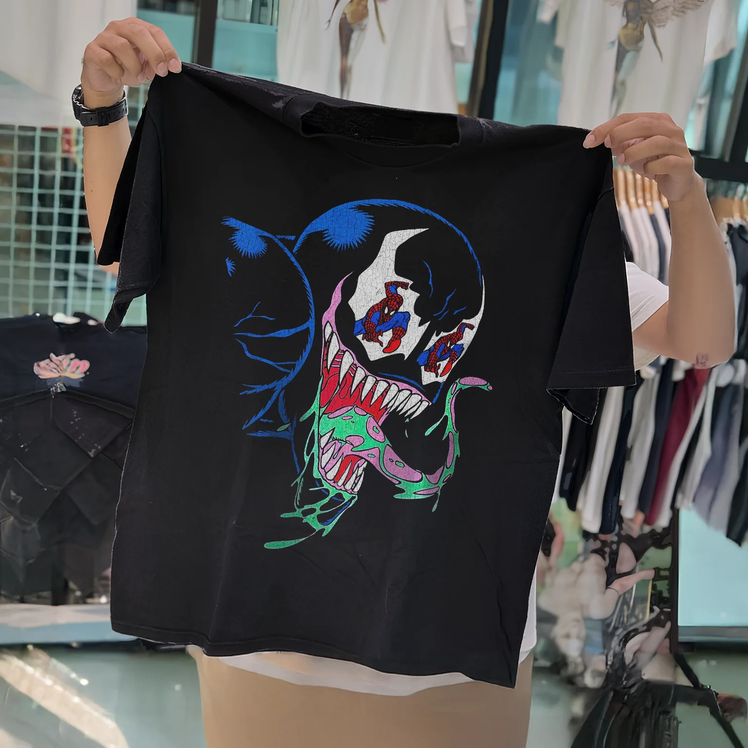 Venom 1995 Spidey Eyes Vintage Washed Black T-Shirt - Image 2
