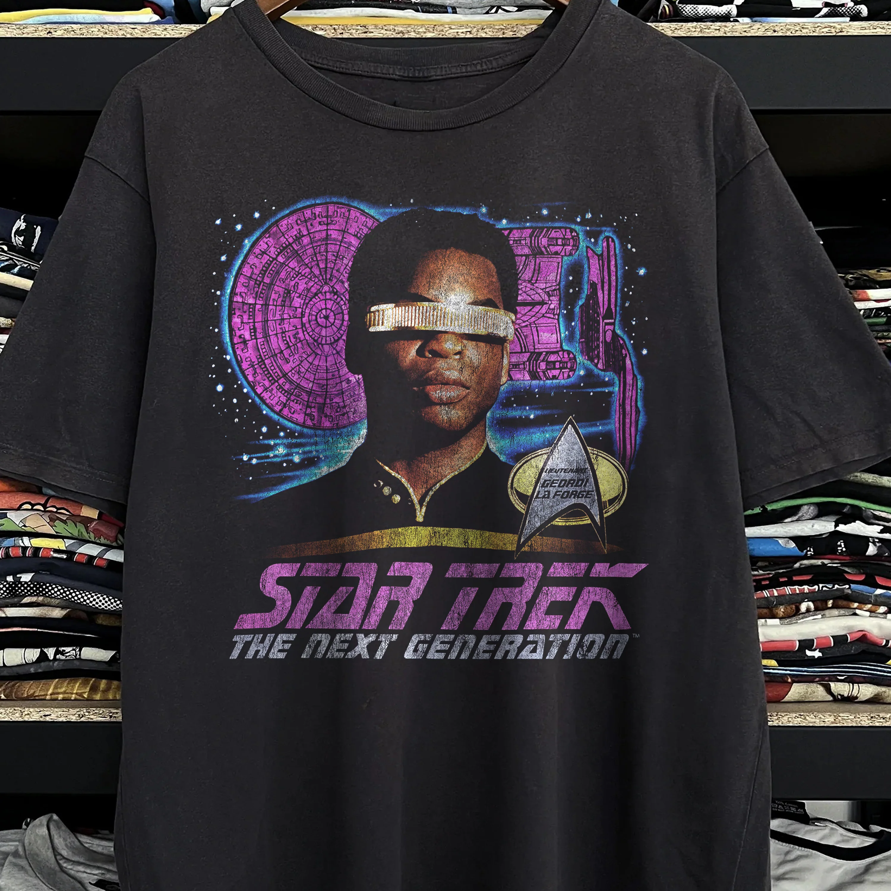 Vintage Star Trek The Next Generation - Lieutenant Geordi La Forge Washed Black T-Shirt - Image 2