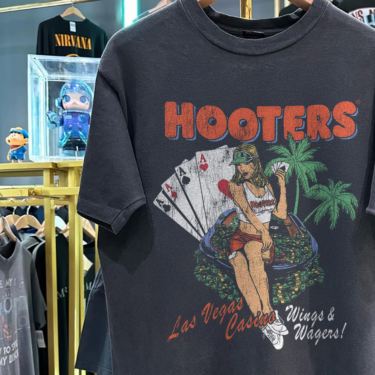 Y2K Hooter 'Wings And Wagers' Las Vegas Rare Washed Black T-Shirt - Image 3