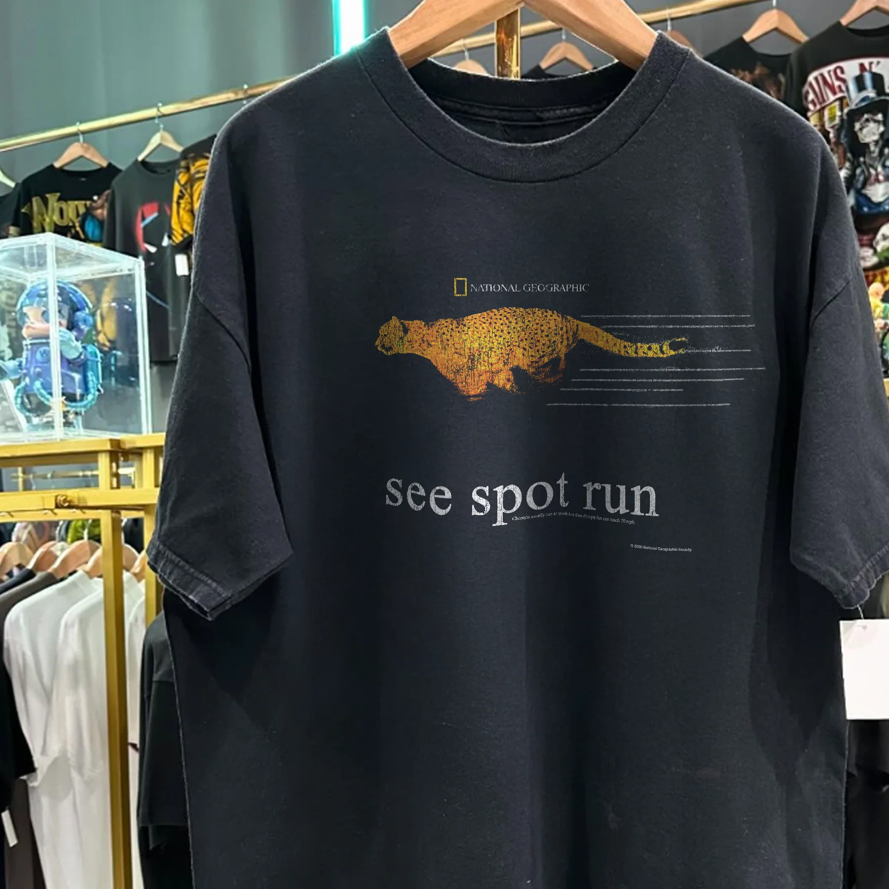 Y2K 'See Spot Run' Cheetah Nat Geo Rare Washed Black T-Shirt - Image 5